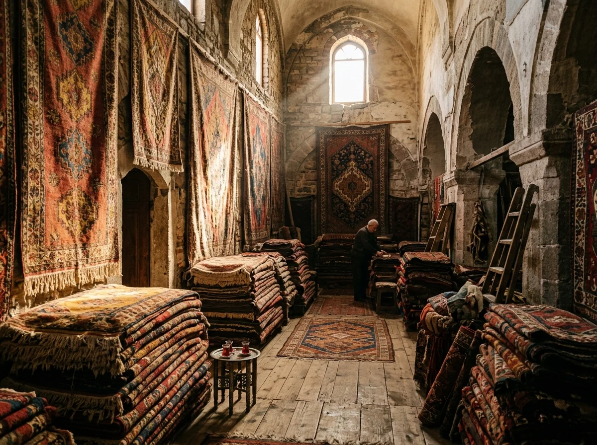 Stacks and wall displays of authentic hand-woven wool Anatolian carpets and vintage kilim rugs inside a Grand Bazaar courtyard showroom