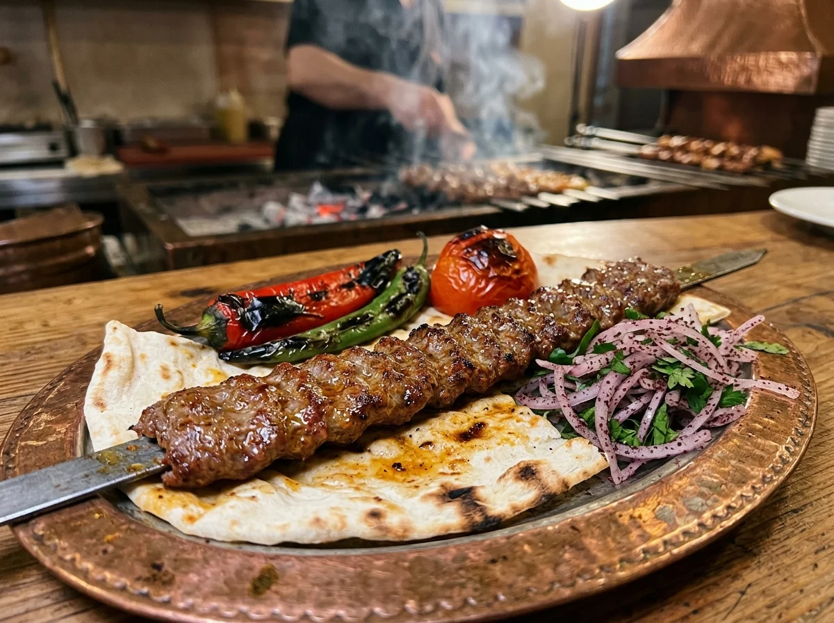 Sizzling authentic Adana minced meat kebab on a charcoal grill with blistered green peppers and roasted tomatoes