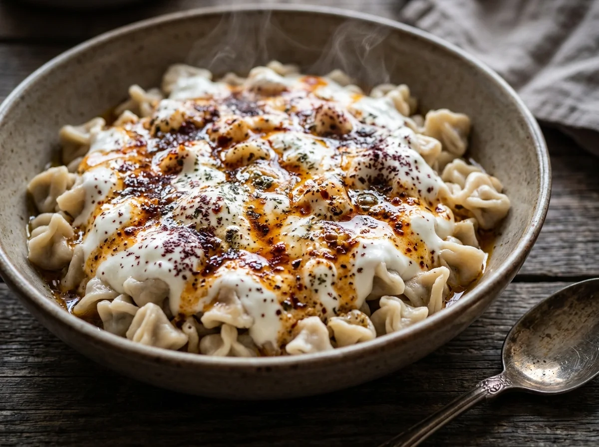 Steaming hot traditional Turkish manti dumplings topped with velvety garlic yogurt, red pepper melted butter drizzle, and dried mint