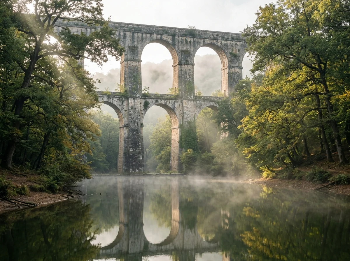 Monumental historic Maglova stone aqueduct in the lush green Belgrad Forest surrounded by tall oak trees and morning mist