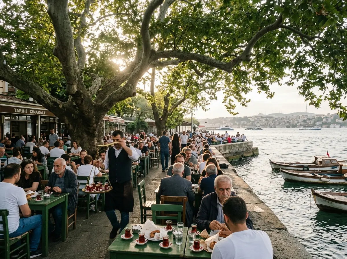 Historic Tarihi Çınaraltı tea garden in Çengelköy on the Asian side, sitting under the ancient plane tree right on the Bosphorus waterfront