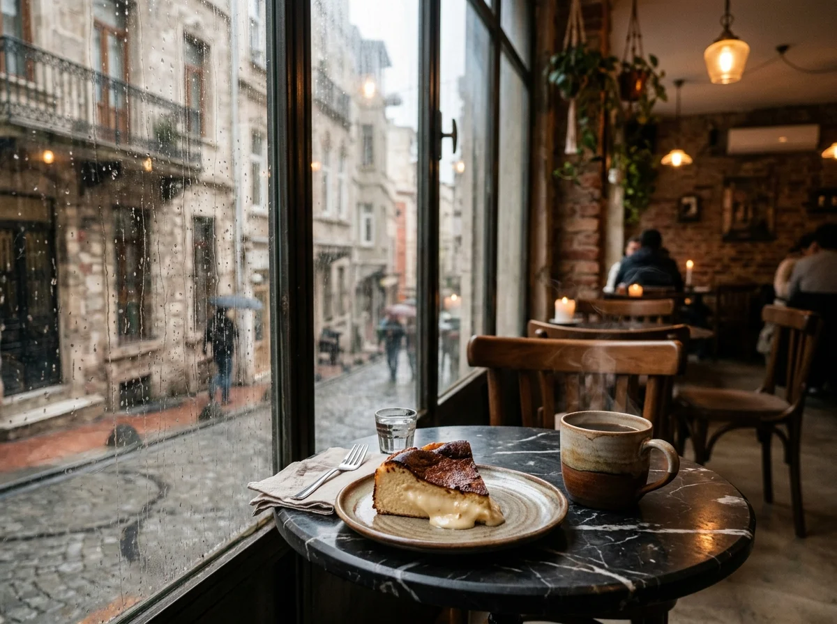 Cozy indoor view at a Galata cafe with a slice of creamy San Sebastian burnt cheesecake and hot coffee by a rainy window