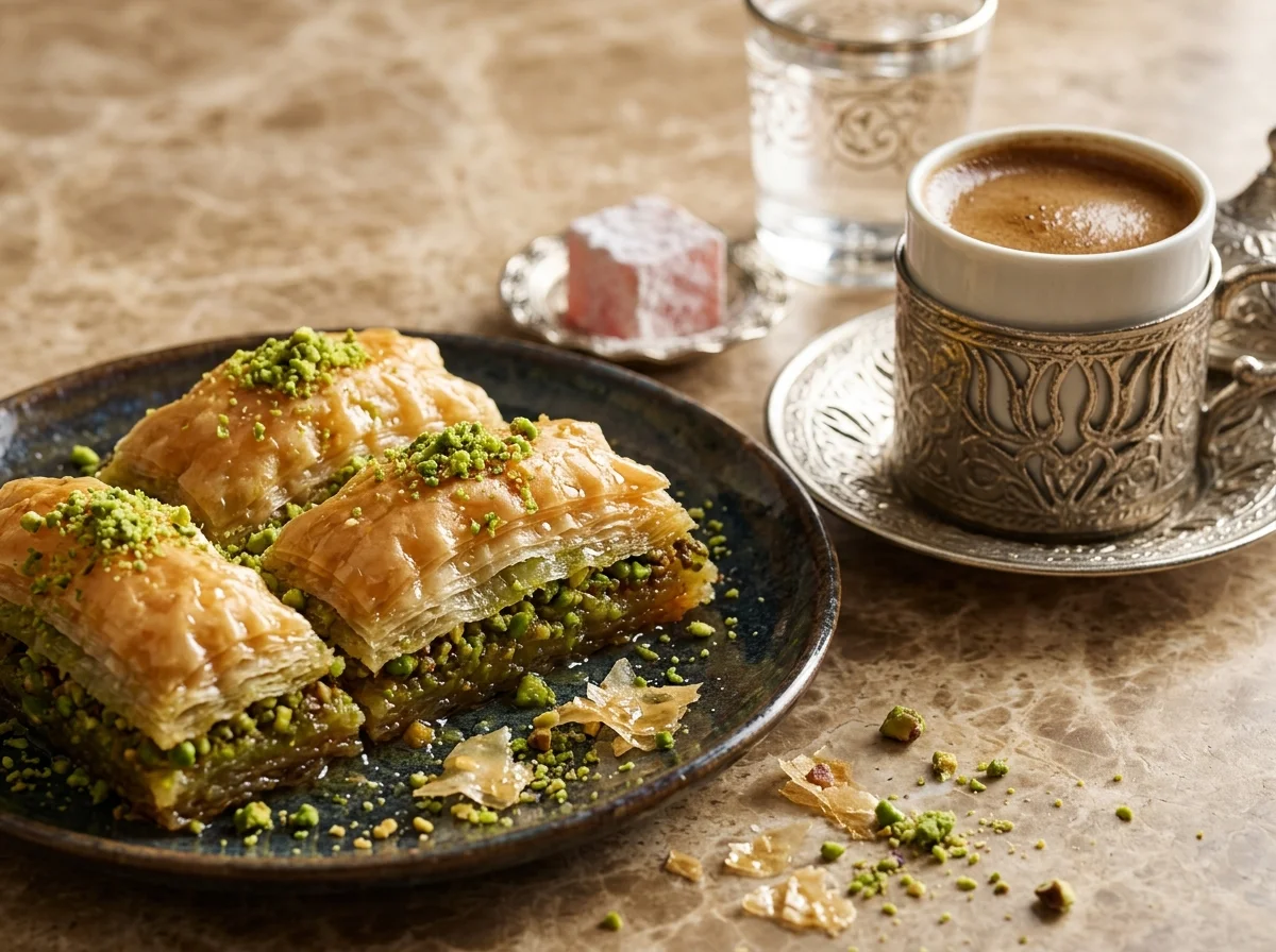 Layers of golden crispy pistachio baklava glistening with syrup paired with traditional frothy Turkish coffee in an ornate cup