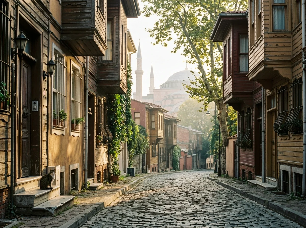 Historic cobblestone morning streets of Sultanahmet with Hagia Sophia architecture in the background