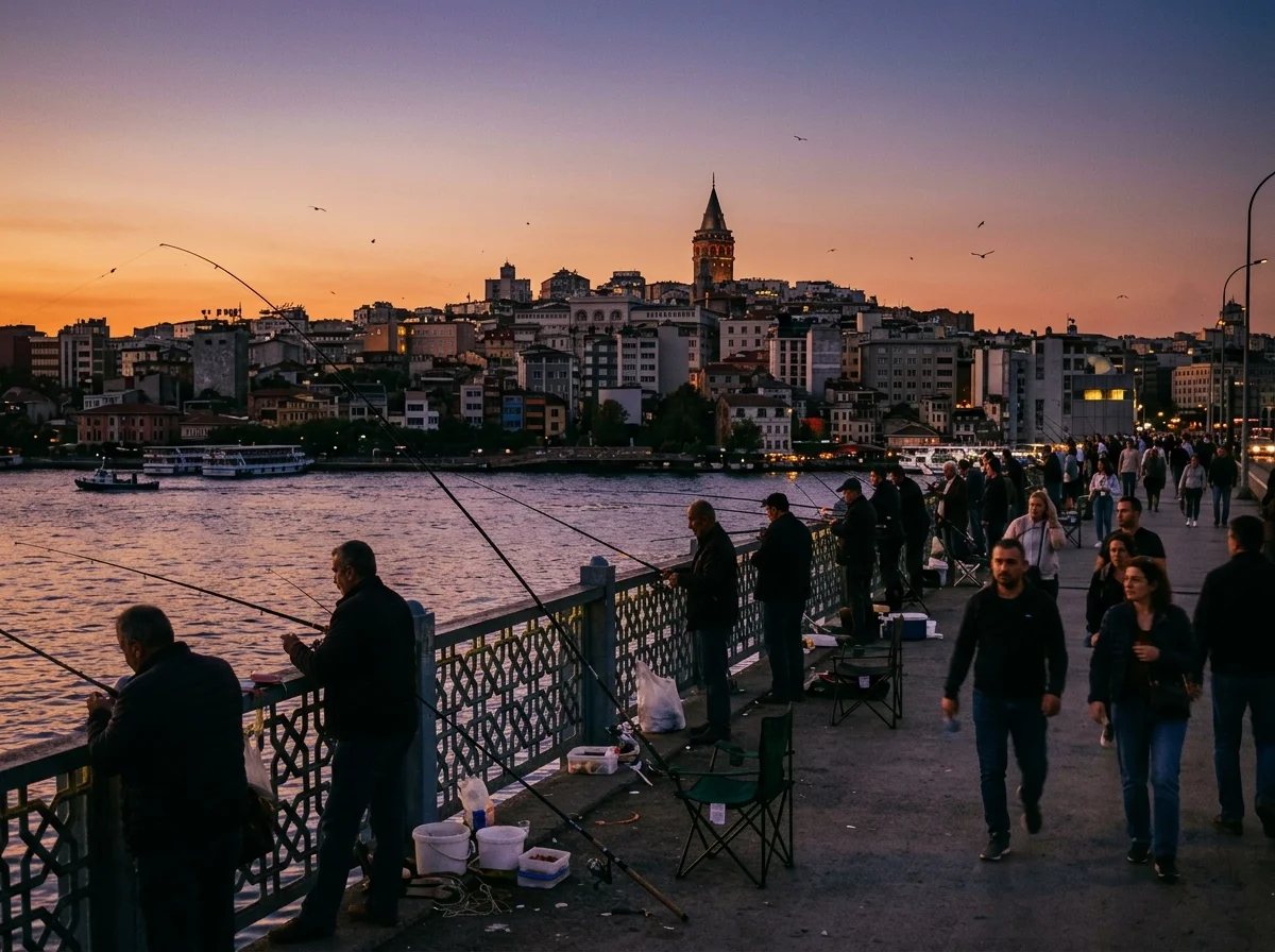 Galata Bridge at sunset with local fishermen along the railing and Galata Tower rising in the historic Beyoğlu skyline