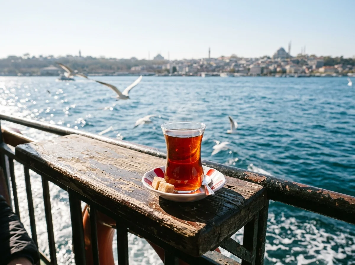 Traditional tulip-shaped glass of hot Turkish tea on a wooden ferry table overlooking flying seagulls and the Asian shore