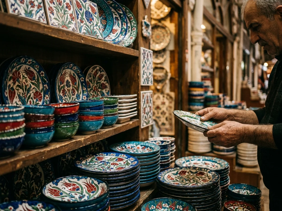 Intricate hand-painted Turkish ceramic bowls and decorative plates featuring traditional cobalt blue and coral Iznik floral patterns