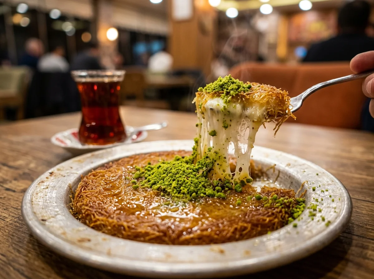 Sizzling hot Turkish künefe dessert in a traditional shallow round metal pan with melted stretchy cheese pull and crushed pistachios