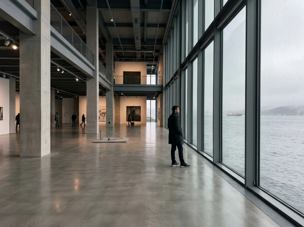 Elegant minimalist interior of a modern art museum in Istanbul with large panoramic glass windows framing the rainy Bosphorus outside
