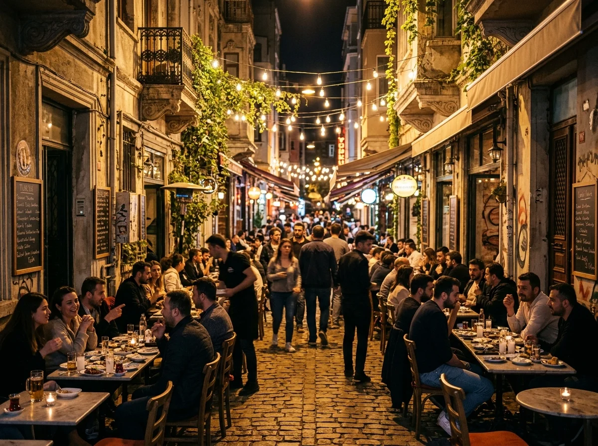Atmospheric evening scene on a lively pedestrian street in Kadıköy or Karaköy with warm cafe lights and outdoor dinner tables