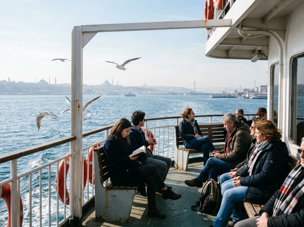 Travelers relaxing on an open public ferry in Istanbul avoiding city traffic while enjoying sea breezes and panoramic skyline views