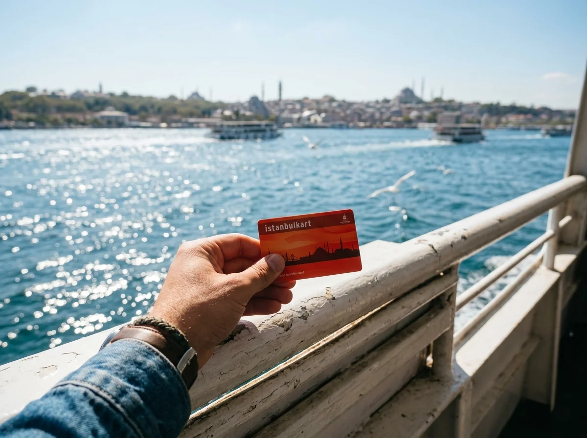 A traveler holding an Istanbulkart transit card against the backdrop of the Bosphorus strait and historic minarets from a ferry