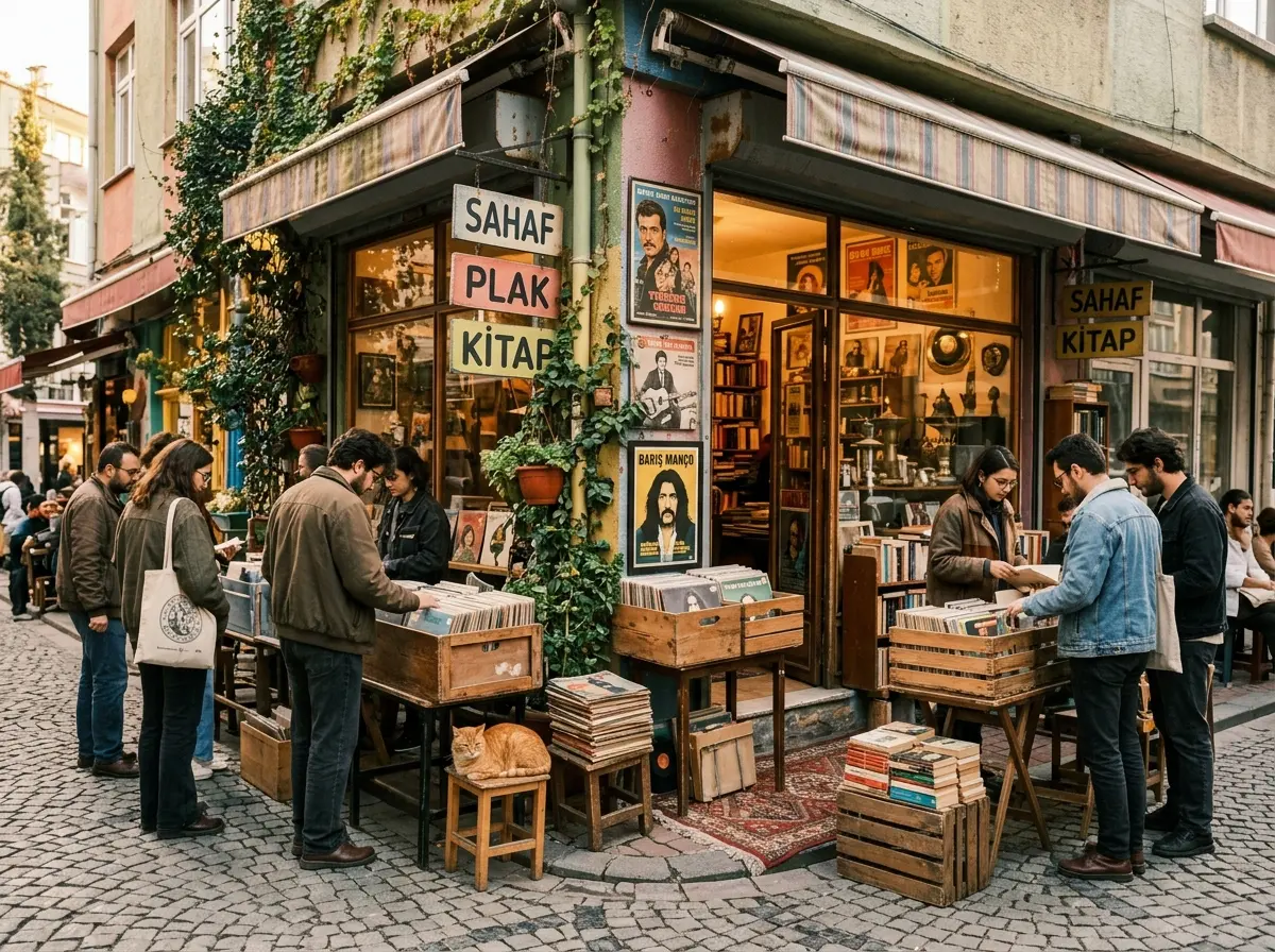 Bohemian vintage record store and antique shop alcove in Kadıköy Moda with crates of vinyl records and retro collectibles