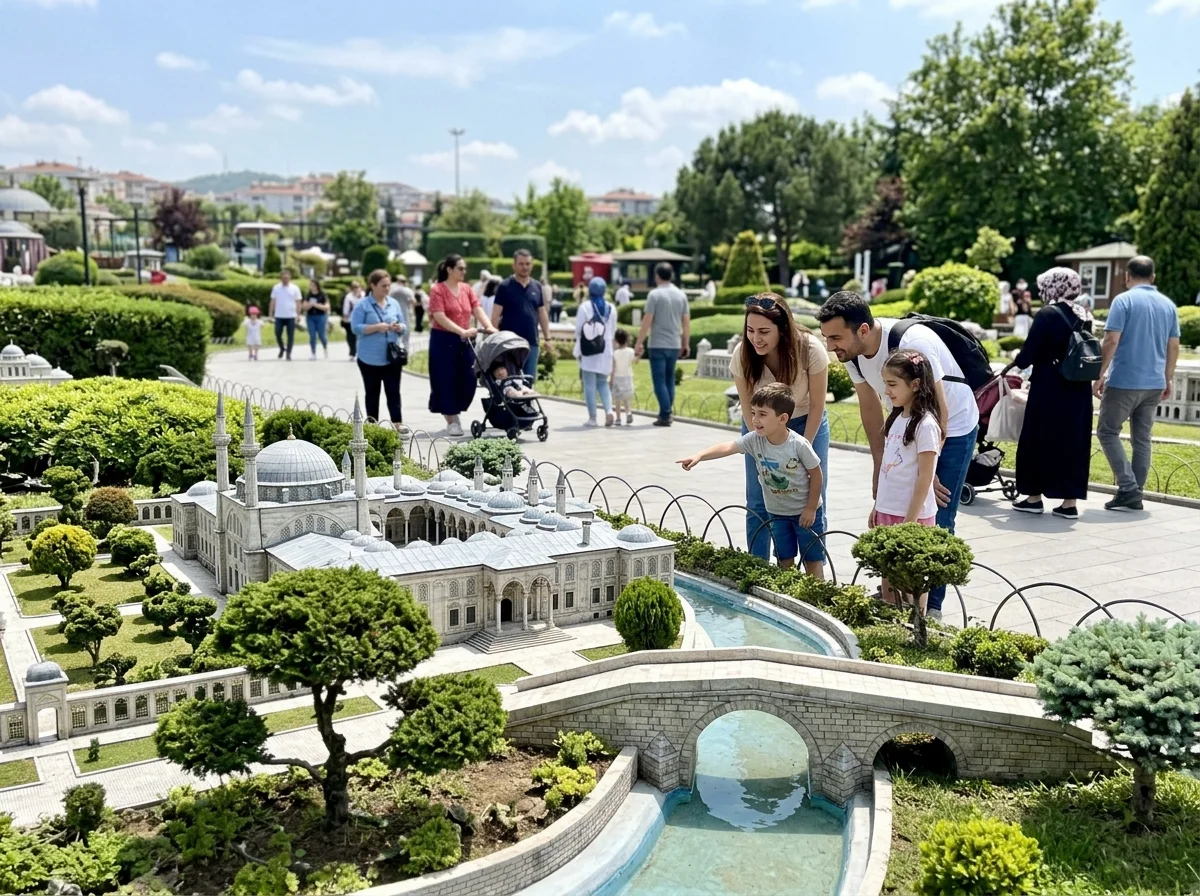 Children admiring detailed miniature architectural models of historic Turkish landmarks at Miniatürk outdoor park in Istanbul