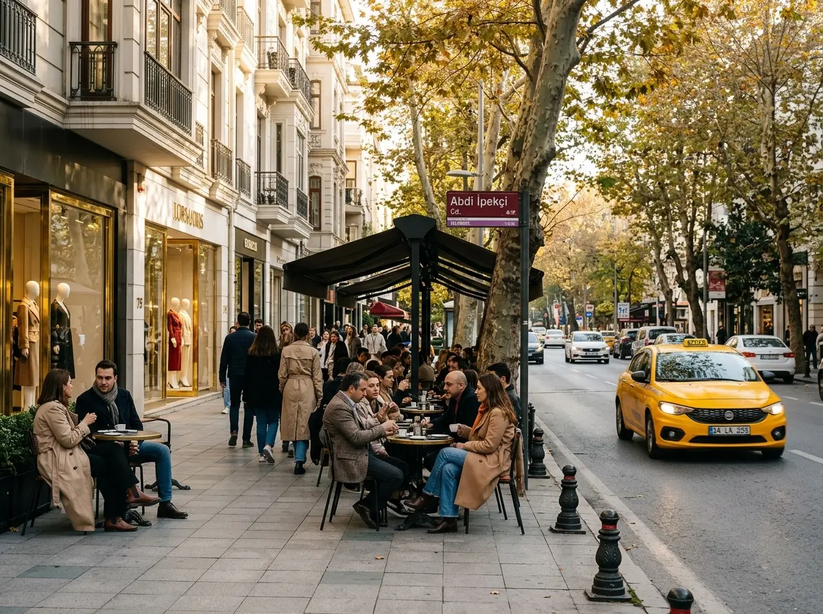 Elegant tree-lined sidewalk of Abdi İpekçi Avenue in Nişantaşı featuring luxury designer boutiques and sidewalk terrace cafes