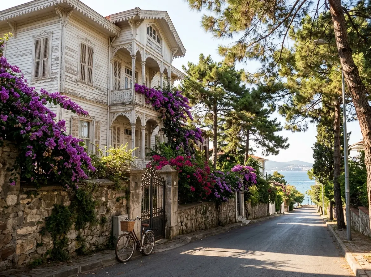 Historic white wooden Victorian Ottoman mansion on Büyükada (Princes' Islands) draped in blooming bougainvillea along a quiet car-free road