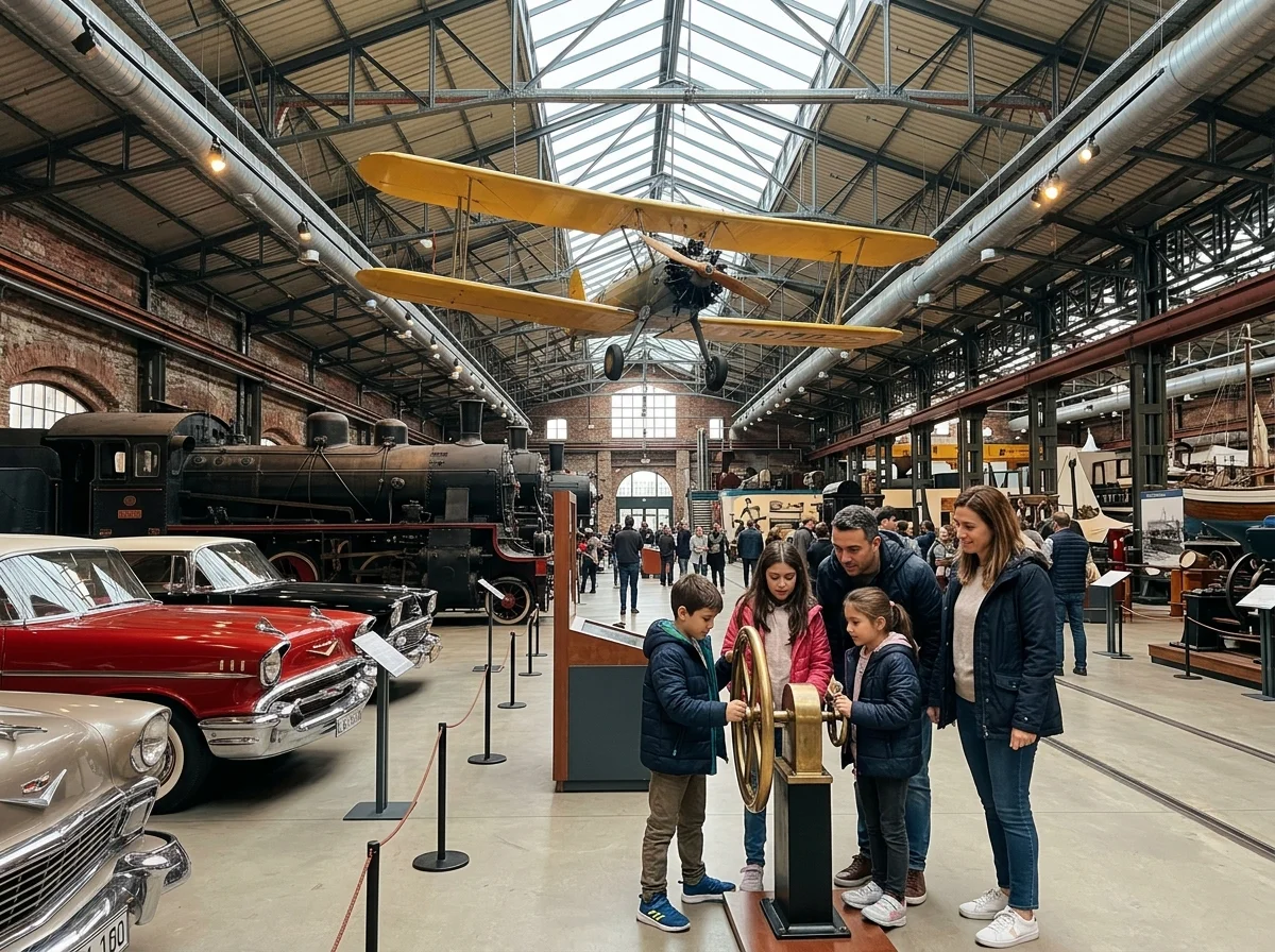 Rahmi M. Koç Museum transport exhibit on the Golden Horn showcasing vintage airplanes, historic cars, and industrial heritage for families