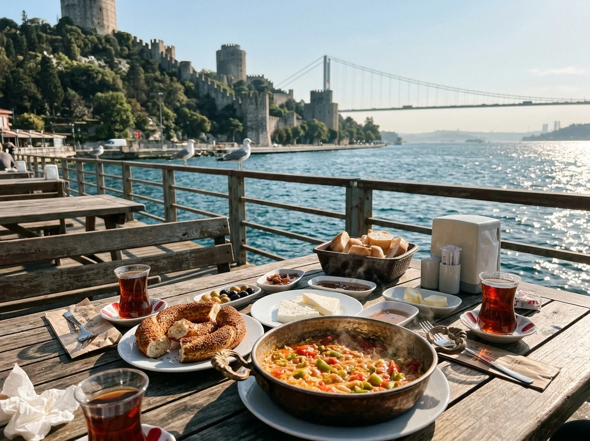 Waterfront breakfast table at Rumeli Hisarı featuring traditional menemen and cheese, with historic fortress stone walls and Bosphorus Bridge
