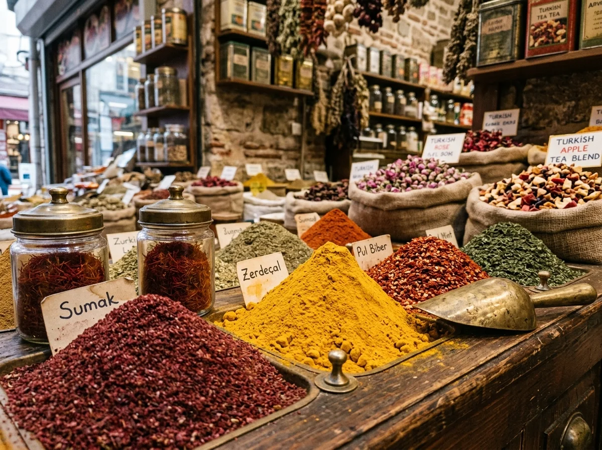 Conical colorful piles of vibrant spices, Iranian saffron, sumac, and herbal teas displayed at an authentic Spice Bazaar stall in Istanbul