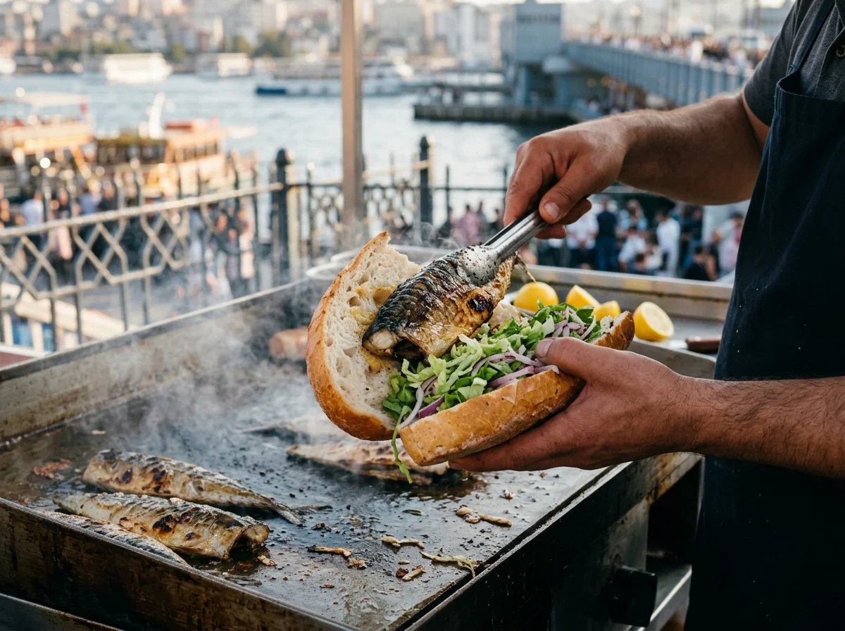 Freshly grilled mackerel fillet with crisp lettuce and raw onions inside crusty bread (Balık Ekmek) at Eminönü waterfront in Istanbul