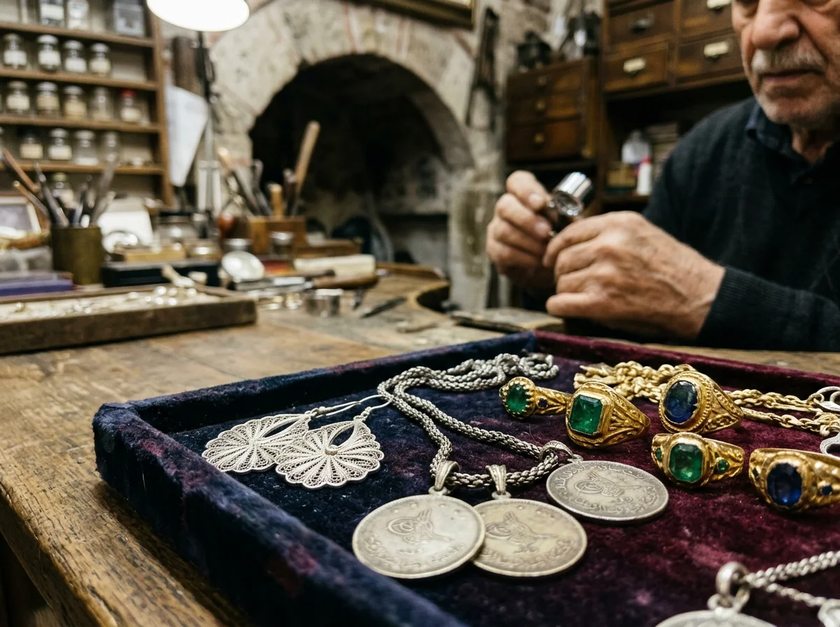Handcrafted Ottoman filigree silver and gold jewelry with emerald and ruby gemstones showcased in an antique wooden Grand Bazaar vitrine
