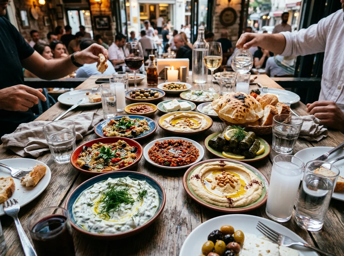 Assorted vibrant Turkish meze appetizers on small plates including hummus, haydari, smoked eggplant, and stuffed vine leaves